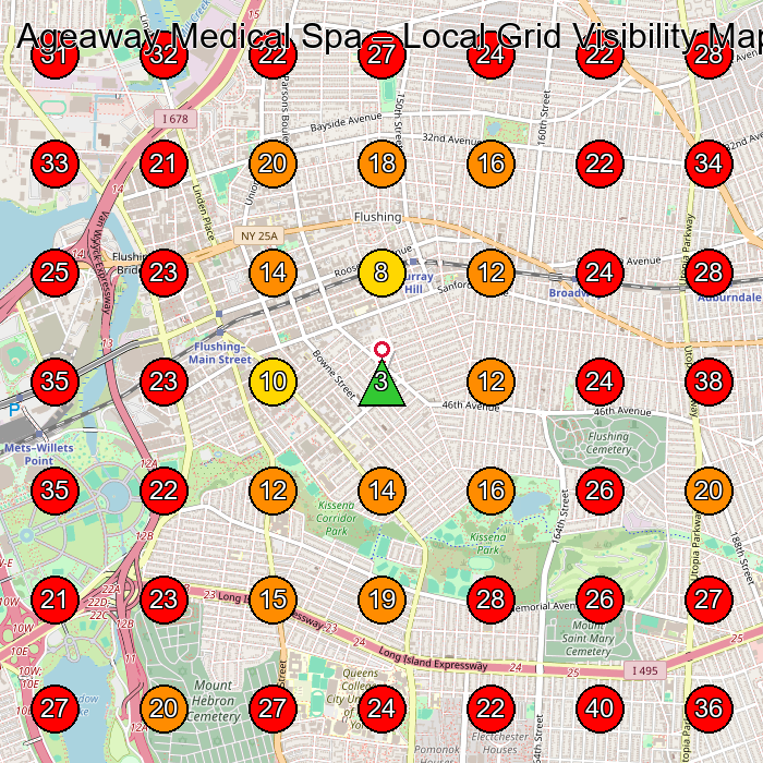 Ageaway Medical Spa GeoGrid visibility map for Skin Care Clinic in Queens